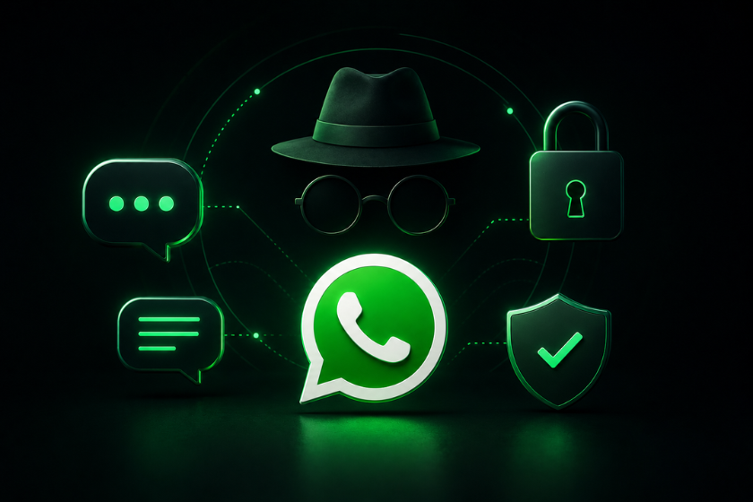 Dunkles futuristisches Blogbild in Schwarz- und Grüntönen mit leuchtendem WhatsApp-Logo in der Mitte. Darüber schweben ein Inkognito-Hut mit Brille sowie ein Schloss- und Schutzsymbol. Umgeben wird das Design von Chat- und Sprachsymbolen mit neonartigen grünen Lichteffekten
