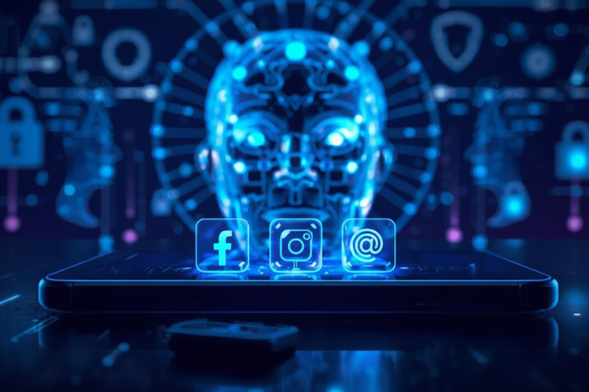 Futuristische KI-Grafik mit leuchtendem Roboterkopf über einem Smartphone. Davor sind die Logos von Facebook, Instagram und Threads zu sehen