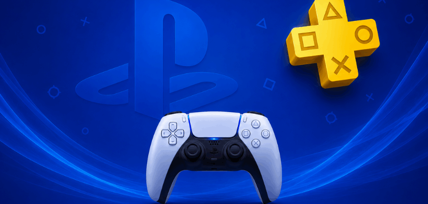 Blaues PlayStation-inspiriertes Hintergrundbild mit einem weißen PS5-DualSense-Controller im unteren mittleren Bereich und einem goldenen PlayStation-Plus-Symbol oben rechts. Im Hintergrund sind dezente PlayStation-Symbole, leichte blaue Wellen sowie ein großes, transparentes Sony-PlayStation-Logo zu sehen.