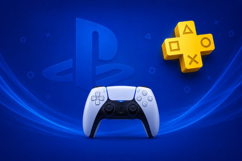 Blaues PlayStation-inspiriertes Hintergrundbild mit einem weißen PS5-DualSense-Controller im unteren mittleren Bereich und einem goldenen PlayStation-Plus-Symbol oben rechts. Im Hintergrund sind dezente PlayStation-Symbole, leichte blaue Wellen sowie ein großes, transparentes Sony-PlayStation-Logo zu sehen.