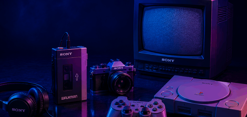 Retro-inspiriertes Sony-Tech-Setup mit Walkman, Kopfhörern, Kamera, CRT-Fernseher und PlayStation auf dunklem blau-violetten Hintergrund mit Neonbeleuchtung im 80er-Jahre-Stil.