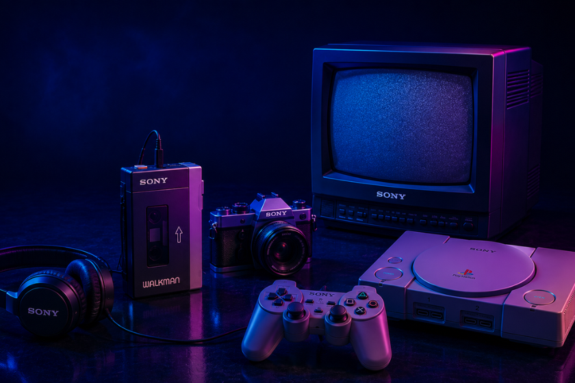 Retro-inspiriertes Sony-Tech-Setup mit Walkman, Kopfhörern, Kamera, CRT-Fernseher und PlayStation auf dunklem blau-violetten Hintergrund mit Neonbeleuchtung im 80er-Jahre-Stil.