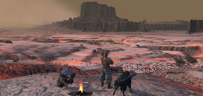 Charaktere sitzen in der Wüste von Kenshi an einem Lagerfeuer und blicken auf die raue Open World mit Felsenlandschaft und staubigem Himmel.