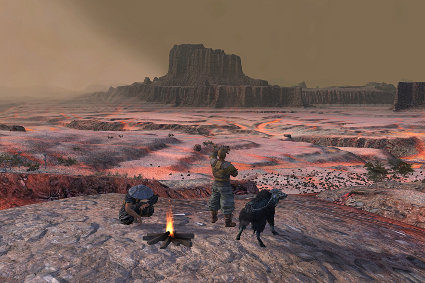 Charaktere sitzen in der Wüste von Kenshi an einem Lagerfeuer und blicken auf die raue Open World mit Felsenlandschaft und staubigem Himmel.