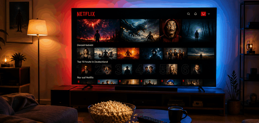 Gemütliches Wohnzimmer mit Netflix auf dem Fernseher, Ambilight-Beleuchtung, Popcorn und Fernbedienung auf dem Couchtisch.