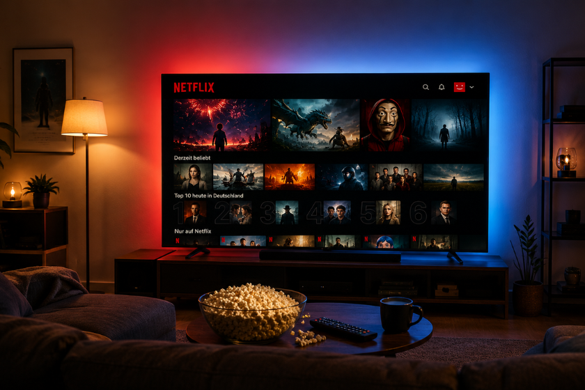 Gemütliches Wohnzimmer mit Netflix auf dem Fernseher, Ambilight-Beleuchtung, Popcorn und Fernbedienung auf dem Couchtisch.