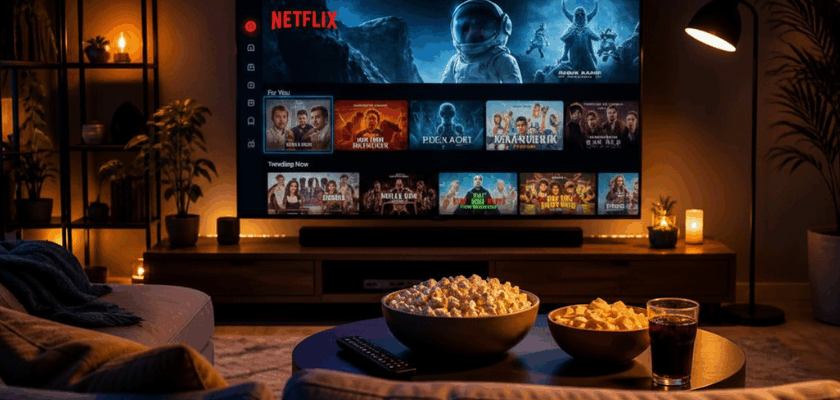 Gemütliches Wohnzimmer mit großem Fernseher, der die Netflix-Oberfläche zeigt. Auf dem Couchtisch stehen Popcorn, Snacks und ein Getränk, warmes Licht sorgt für eine entspannte Atmosphäre.
