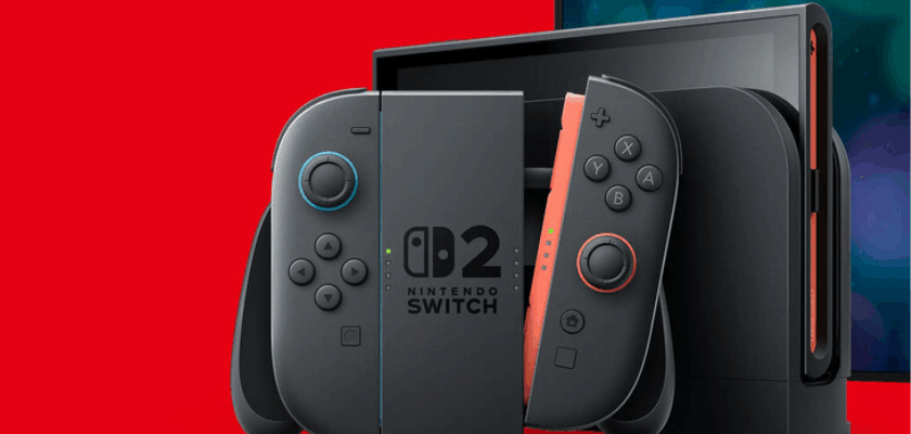 Nintendo Switch 2 mit schwarzen Joy-Cons und Dockingstation vor rotem Hintergrund. Die Handheld-Konsole ist zusammen mit einem Bildschirm in einer Produktdarstellung zu sehen