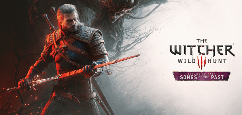 Geralt von Riva hält sein Schwert kampfbereit in der Hand, während im Hintergrund eine düstere Kreatur zu sehen ist. Daneben befindet sich das Logo von The Witcher 3 Wild Hunt – Songs of the Past.