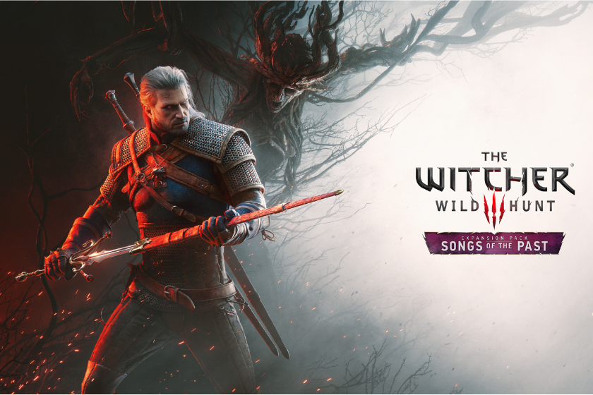 Geralt von Riva hält sein Schwert kampfbereit in der Hand, während im Hintergrund eine düstere Kreatur zu sehen ist. Daneben befindet sich das Logo von The Witcher 3 Wild Hunt – Songs of the Past.