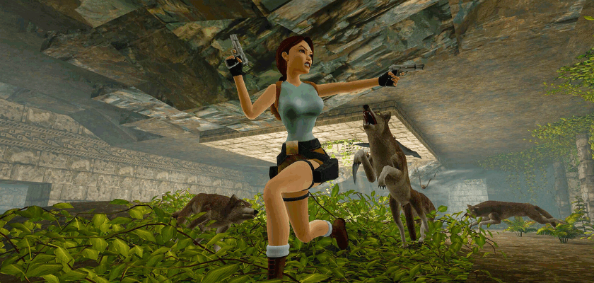 Screenshot aus Tomb Raider I–III Remastered mit Lara Croft in einer antiken Ruine, während sie vor angreifenden Wölfen flieht.