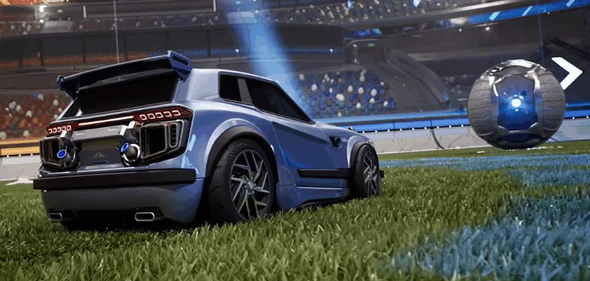 Rocket League Stadion mit futuristischem Fahrzeug und Ball auf detailreichem Rasen in der Unreal Engine 6 Grafikdemo.