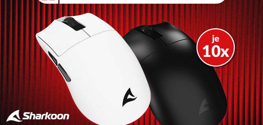 Werbebanner von Sharkoon zur Gaming-Maus „FIREGLIDER One“ in Schwarz und Weiß vor rotem Hintergrund. Oben steht „testen. bewerten. behalten.“ sowie ein Hinweis „je 10x“. Unten links sind das Sharkoon-Logo und der Produktname „FIREGLIDER One“ zu sehen.