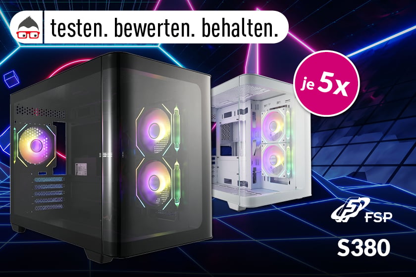 Bloggrafik für ein "Testen. Bewerten. behalten."-Aktion mit dem FSP S380 PC-Gehäuse: Vor einem futuristischen Neon-Hintergrund sind ein schwarzes und ein weißes Gehäuse mit RGB-beleuchteten Lüftern zu sehen. Oben steht „testen. bewerten. behalten.“, rechts der Hinweis „je 5x“. Unten rechts befinden sich das FSP-Logo und der Produktname „S380“.