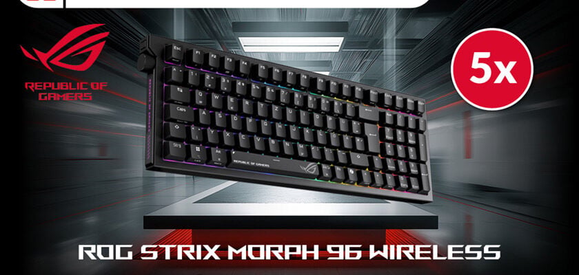 ASUS ROG Strix Morph 96 Wireless Gaming Tastatur mit RGB Beleuchtung im kompakten 96 Prozent Layout. Die Tastatur schwebt vor futuristischem Hintergrund mit ROG Logo und dem Slogan „Shape Your Play“.