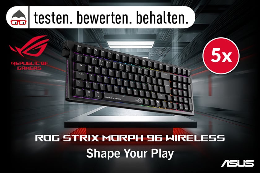 ASUS ROG Strix Morph 96 Wireless Gaming Tastatur mit RGB Beleuchtung im kompakten 96 Prozent Layout. Die Tastatur schwebt vor futuristischem Hintergrund mit ROG Logo und dem Slogan „Shape Your Play“.