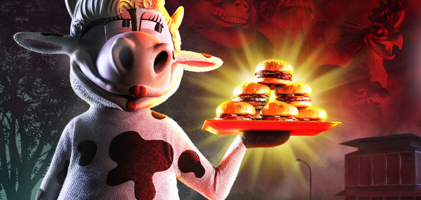 Happy's Humble Burger Farm zeigt das Maskottchen Happy the Humble Heifer mit einem Tablett voller Burger. Die Mischung aus Restaurant-Simulation und Horror sorgt mit düsteren Figuren im Hintergrund für eine beklemmende Stimmung.