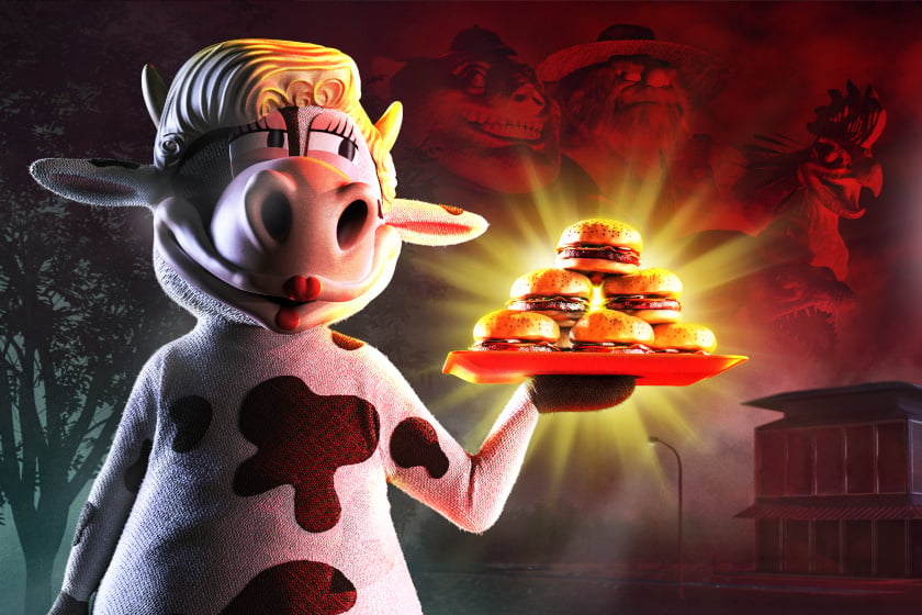 Happy's Humble Burger Farm zeigt das Maskottchen Happy the Humble Heifer mit einem Tablett voller Burger. Die Mischung aus Restaurant-Simulation und Horror sorgt mit düsteren Figuren im Hintergrund für eine beklemmende Stimmung.