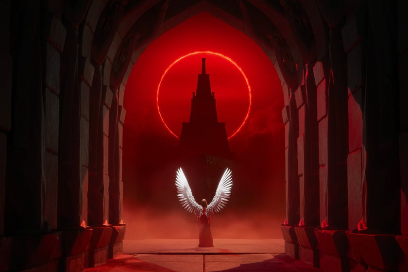 Artwork zum Spiel Solium Infernum, das im Rahmen des Frosty Games Fest-Bundle vergünstigt erhältlich ist: Eine düstere, rot beleuchtete Halle führt auf einen finsteren Turm zu, der vor einer blutroten Sonnenfinsternis aufragt. Im Mittelpunkt steht eine geflügelte Gestalt mit ausgebreiteten weißen Schwingen. Die Szene vermittelt die bedrohliche, infernalische Atmosphäre des strategischen Höllen-Settings von Solium Infernum.