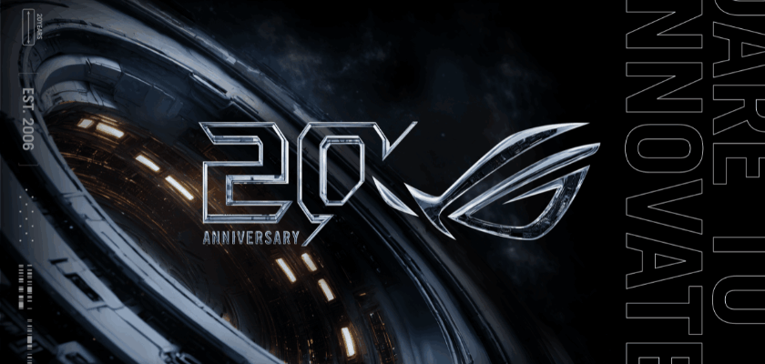 Grafik zum 20-jährigen Jubiläum von ASUS Republic of Gamers (ROG) mit großem „20K Anniversary“-Schriftzug, ROG-Logo und futuristischem Weltraumdesign in Schwarz- und Silbertönen sowie dem Slogan „Dare to Innovate“.