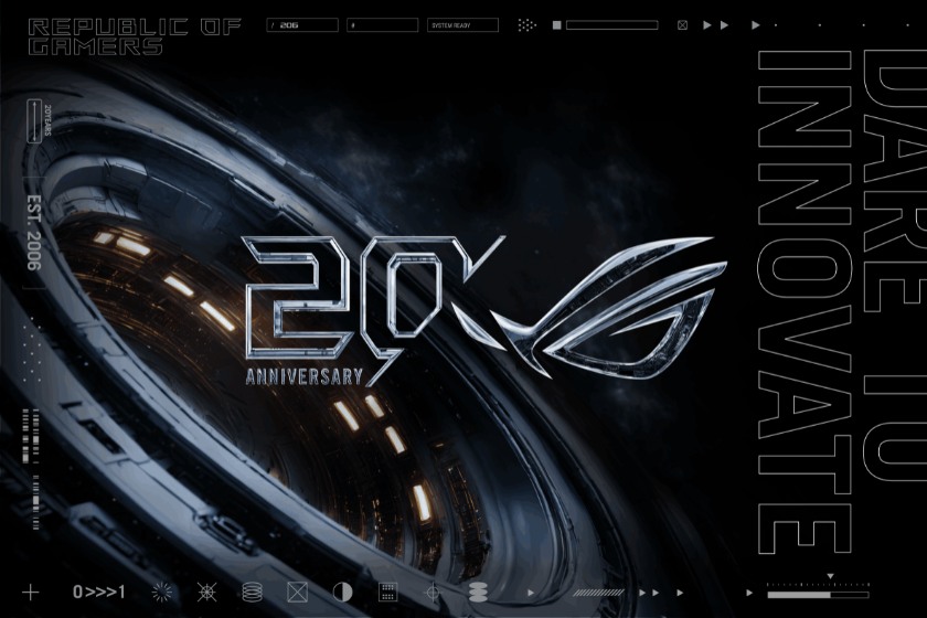 Grafik zum 20-jährigen Jubiläum von ASUS Republic of Gamers (ROG) mit großem „20K Anniversary“-Schriftzug, ROG-Logo und futuristischem Weltraumdesign in Schwarz- und Silbertönen sowie dem Slogan „Dare to Innovate“.