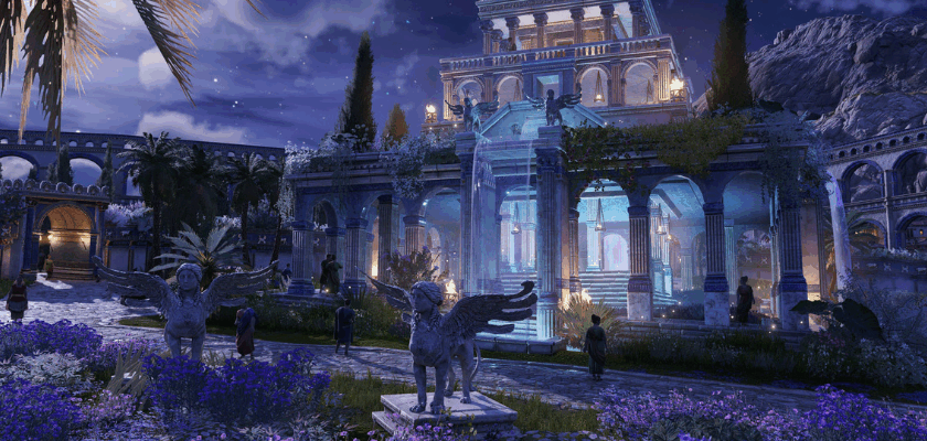 Der Tempel der Flora im DLC „Blütezeit“ für Anno 117: Pax Romana. Das monumentale Ornament ist von Blumenfeldern, Palmen und Statuen umgeben und erstrahlt bei Nacht in stimmungsvoller Beleuchtung.