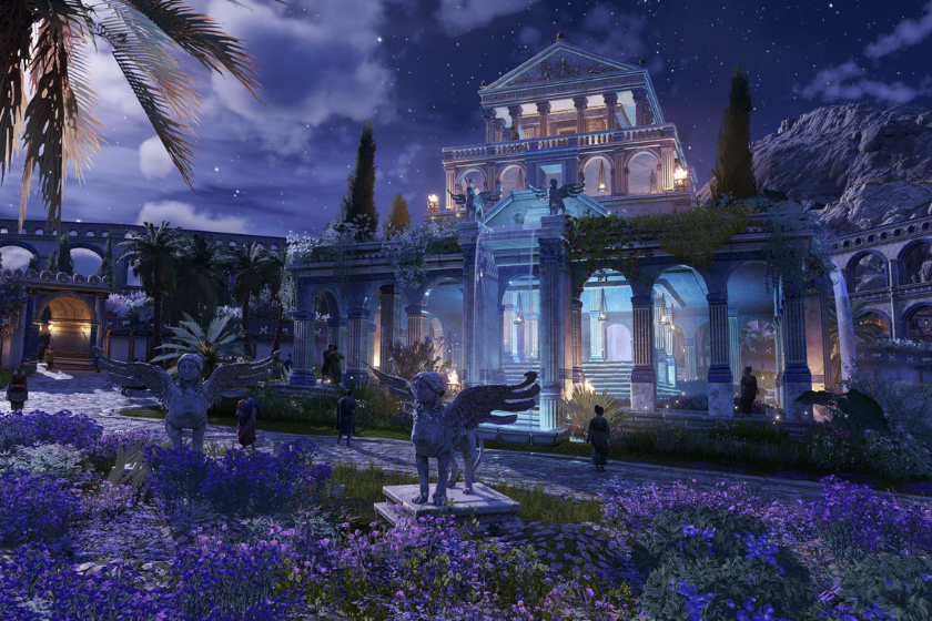 Der Tempel der Flora im DLC „Blütezeit“ für Anno 117: Pax Romana. Das monumentale Ornament ist von Blumenfeldern, Palmen und Statuen umgeben und erstrahlt bei Nacht in stimmungsvoller Beleuchtung.