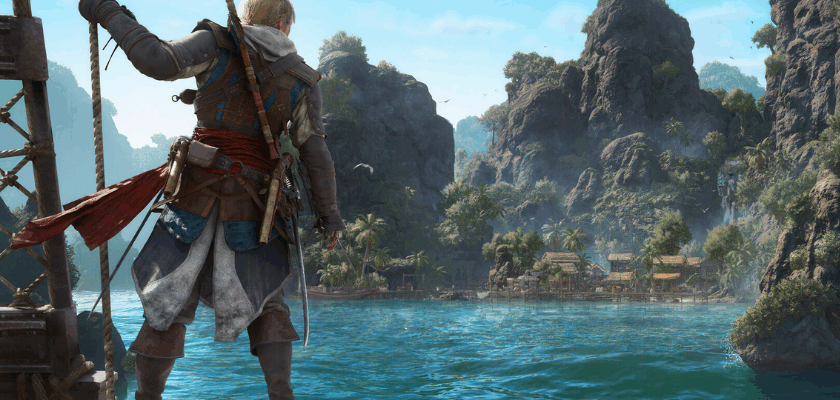 Edward Kenway steht an Bord eines Schiffes und blickt auf eine tropische Insel in der Karibik. Im Hintergrund sind türkisfarbenes Wasser, Palmen und steile Felsformationen zu sehen.