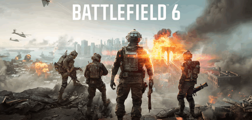 Soldaten blicken in Battlefield 6 auf ein zerstörtes Schlachtfeld mit Explosionen, Kampfjets und einer brennenden Stadt im Hintergrund.