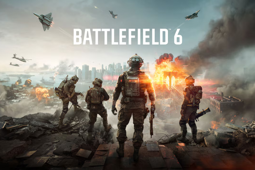 Soldaten blicken in Battlefield 6 auf ein zerstörtes Schlachtfeld mit Explosionen, Kampfjets und einer brennenden Stadt im Hintergrund.