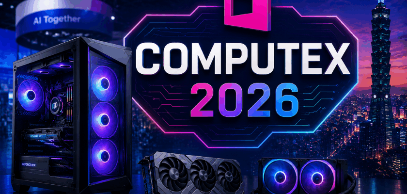 Futuristische Computex-2026-Grafik mit beleuchtetem Gaming-PC, Grafikkarte und Wasserkühlung vor einer neonfarbenen Skyline von Taipeh. Im Mittelpunkt steht die Aufschrift „COMPUTEX 2026“, während das Messemotto „AI Together“ im Hintergrund zu sehen ist.