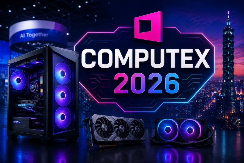 Futuristische Computex-2026-Grafik mit beleuchtetem Gaming-PC, Grafikkarte und Wasserkühlung vor einer neonfarbenen Skyline von Taipeh. Im Mittelpunkt steht die Aufschrift „COMPUTEX 2026“, während das Messemotto „AI Together“ im Hintergrund zu sehen ist.