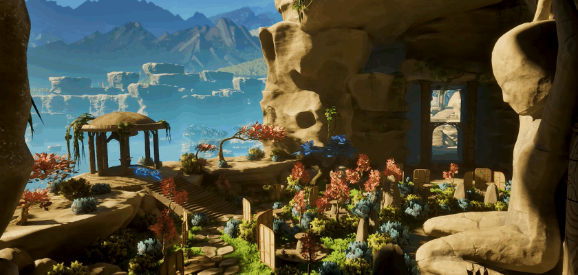 Screenshot aus Honeycomb: The World Beyond: Eine farbenfrohe Landschaft mit üppiger Vegetation, blühenden Pflanzen und verwinkelten Steinpfaden erstreckt sich zwischen imposanten Felsformationen. Im Hintergrund sind Berge und eine weitläufige Küstenlandschaft zu sehen, während die Szene von warmem Sonnenlicht beleuchtet wird.