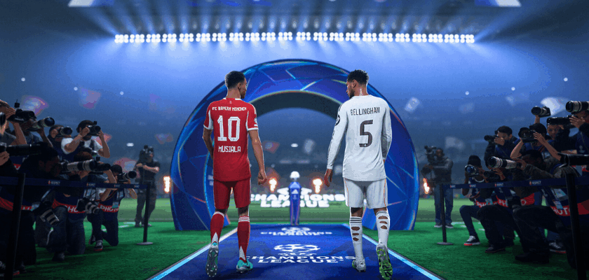 Screenshot aus EA Sports FC mit zwei Fußballspielern beim Einlauf in ein beleuchtetes Stadion. Zahlreiche Fotografen stehen am Spielfeldrand, während im Hintergrund eine große Champions-League-Kulisse zu sehen ist.