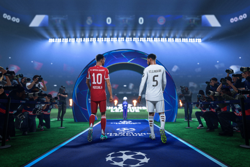 Screenshot aus EA Sports FC mit zwei Fußballspielern beim Einlauf in ein beleuchtetes Stadion. Zahlreiche Fotografen stehen am Spielfeldrand, während im Hintergrund eine große Champions-League-Kulisse zu sehen ist.