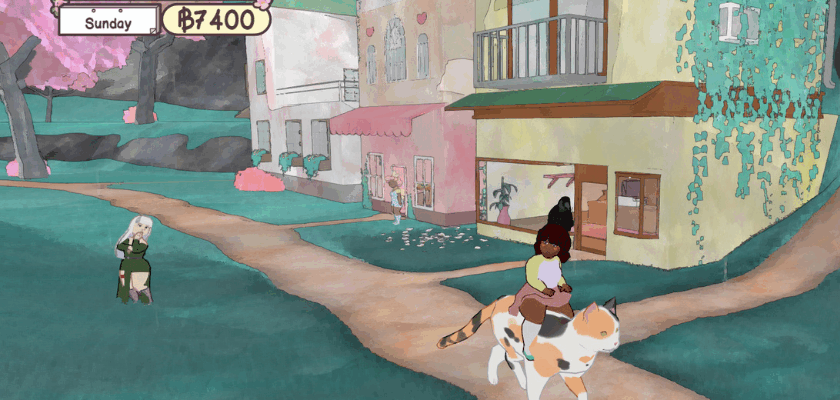 Screenshot aus dem Spiel Calico: Eine Spielfigur reitet auf einer großen Katze durch ein pastellfarbenes Dorf mit blühenden Kirschbäumen. Im Hintergrund sind mehrere Häuser, weitere Figuren und zahlreiche Katzen zu sehen. Die handgemalte Grafik sorgt für eine gemütliche und entspannte Atmosphäre.