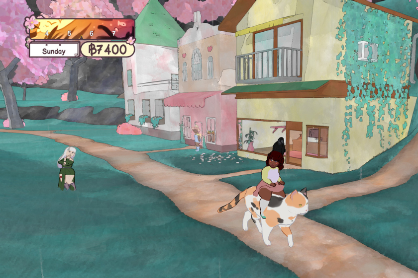 Screenshot aus dem Spiel Calico: Eine Spielfigur reitet auf einer großen Katze durch ein pastellfarbenes Dorf mit blühenden Kirschbäumen. Im Hintergrund sind mehrere Häuser, weitere Figuren und zahlreiche Katzen zu sehen. Die handgemalte Grafik sorgt für eine gemütliche und entspannte Atmosphäre.
