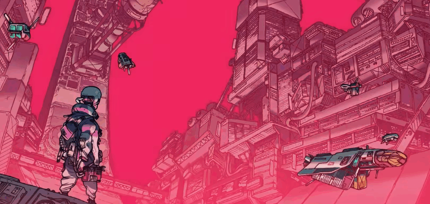Illustration einer futuristischen Raumstation im Cyberpunk-Stil: Eine einzelne Person steht auf einer Plattform und blickt auf gewaltige Industriegebäude, schwebende Fahrzeuge und Drohnen vor einem leuchtend pinken Himmel.