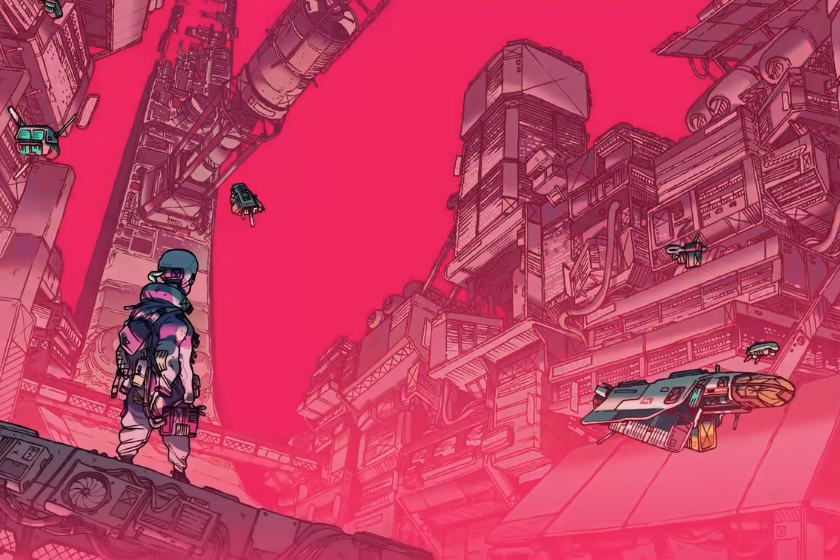 Illustration einer futuristischen Raumstation im Cyberpunk-Stil: Eine einzelne Person steht auf einer Plattform und blickt auf gewaltige Industriegebäude, schwebende Fahrzeuge und Drohnen vor einem leuchtend pinken Himmel.