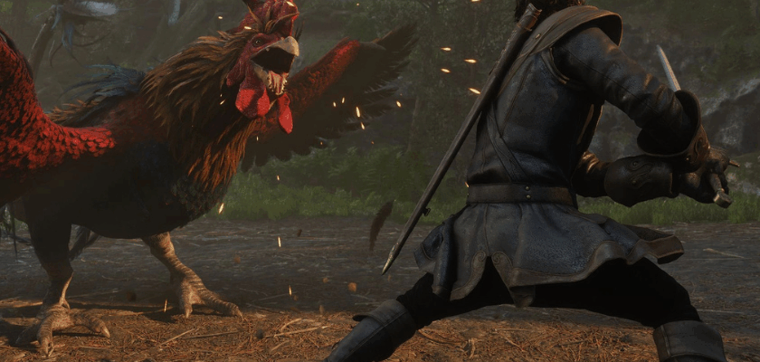 Ein Schwertkämpfer stellt sich in einem dichten Wald einem riesigen, aggressiven Huhn entgegen. Funken fliegen durch die Luft, während die ungewöhnliche Kampfszene den humorvollen Stil des Fable-Reboots unterstreicht.