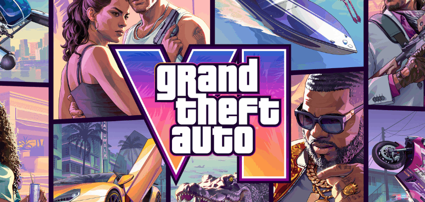 Offizielles GTA-6-Artwork mit dem Logo in der Mitte. Rundherum sind verschiedene Szenen aus Vice City und Leonida zu sehen, darunter die Hauptfiguren Jason und Lucia, ein Helikopter, ein Schnellboot, ein Motorrad-Stunt, Sportwagen, ein Alligator sowie mehrere Nebencharaktere vor einer farbenfrohen Kulisse im typischen Neon-Look der Serie.