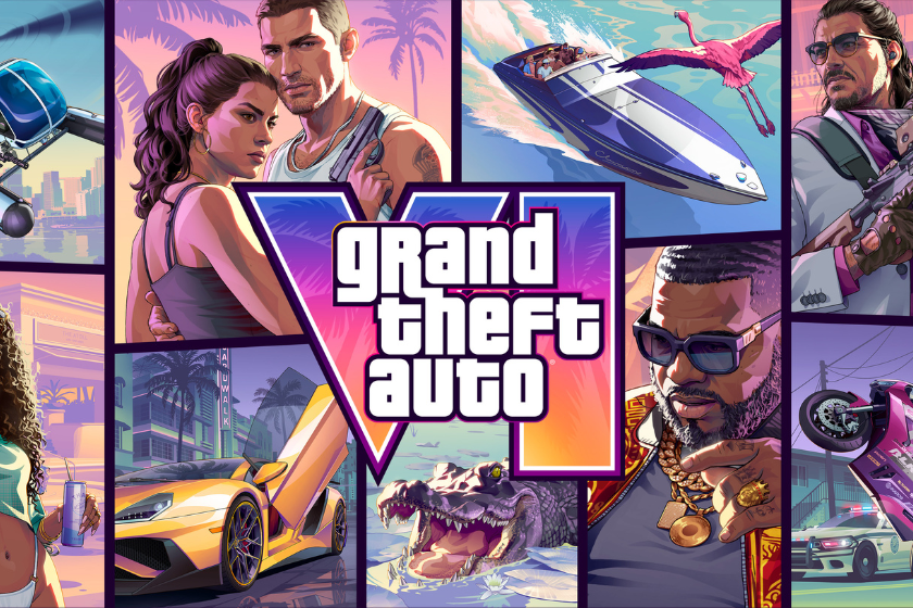 Offizielles GTA-6-Artwork mit dem Logo in der Mitte. Rundherum sind verschiedene Szenen aus Vice City und Leonida zu sehen, darunter die Hauptfiguren Jason und Lucia, ein Helikopter, ein Schnellboot, ein Motorrad-Stunt, Sportwagen, ein Alligator sowie mehrere Nebencharaktere vor einer farbenfrohen Kulisse im typischen Neon-Look der Serie.