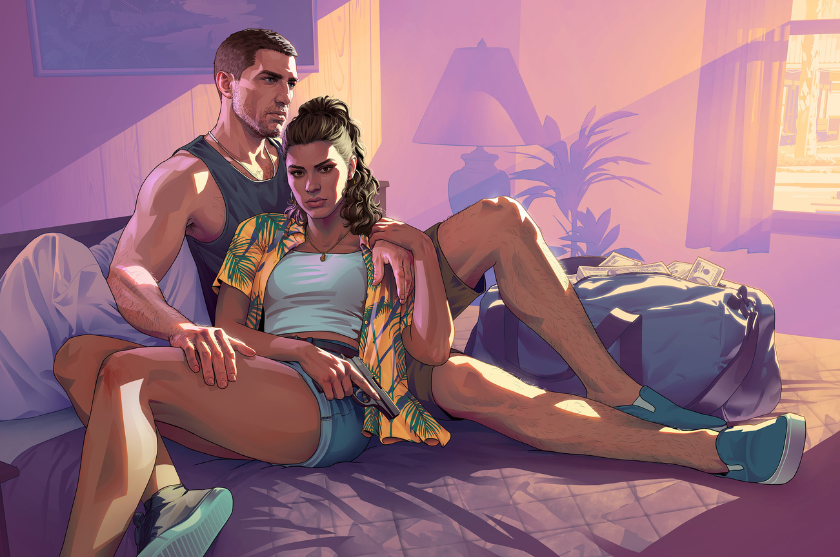 Illustration im Stil von GTA 6: Ein Mann und eine Frau sitzen eng umschlungen auf einem Bett in einem sonnendurchfluteten Motelzimmer. Die Frau hält eine Pistole in der Hand, während Geldscheine und eine Reisetasche neben ihnen liegen. Durch das Fenster fällt warmes Licht herein und erzeugt eine pink-violette Atmosphäre.