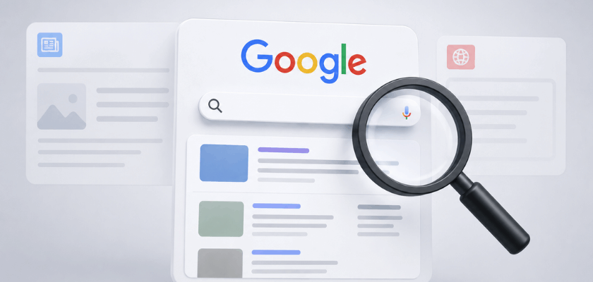 Google-Suche mit Lupe und stilisiertem News-Feed als Symbol für personalisierte Nachrichten und bevorzugte Quellen.