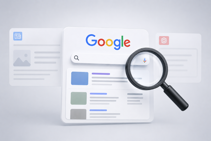 Google-Suche mit Lupe und stilisiertem News-Feed als Symbol für personalisierte Nachrichten und bevorzugte Quellen.