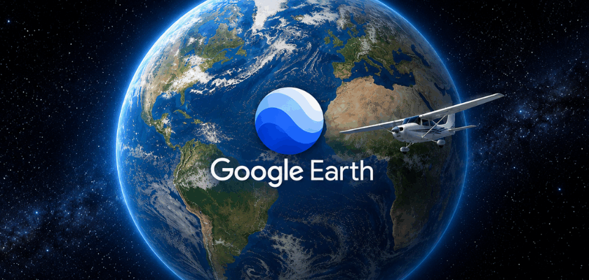 Die Erde aus dem Weltraum mit dem Google-Earth-Logo im Zentrum und einem kleinen Flugzeug auf der rechten Seite. Der Planet ist vollständig sichtbar und von einem Sternenhimmel umgeben. Das Motiv symbolisiert den Google Earth Flugsimulator und das virtuelle Erkunden der Welt direkt im Browser.
