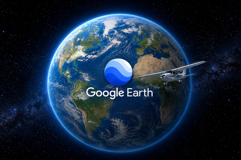 Die Erde aus dem Weltraum mit dem Google-Earth-Logo im Zentrum und einem kleinen Flugzeug auf der rechten Seite. Der Planet ist vollständig sichtbar und von einem Sternenhimmel umgeben. Das Motiv symbolisiert den Google Earth Flugsimulator und das virtuelle Erkunden der Welt direkt im Browser.