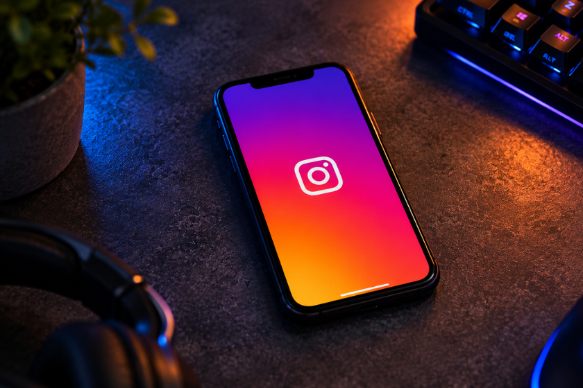 Instagram-App auf einem Smartphone neben Gaming-Tastatur und Maus.