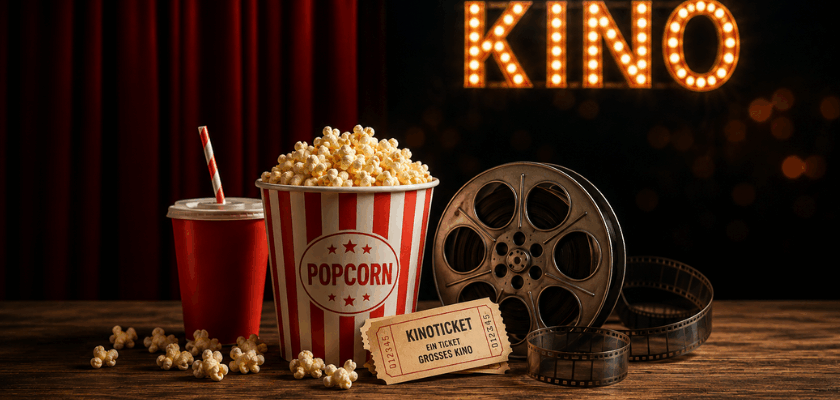 Auf einem Holztisch stehen ein großer rot-weiß gestreifter Popcorn-Eimer, ein roter Getränkebecher mit Strohhalm, Kinotickets und eine Filmrolle. Im Hintergrund leuchtet ein großes „KINO“-Schild vor dunklem Hintergrund und roten Samtvorhängen. Die warme Beleuchtung erzeugt eine gemütliche Kinoatmosphäre und vermittelt das Gefühl eines klassischen Filmabends.