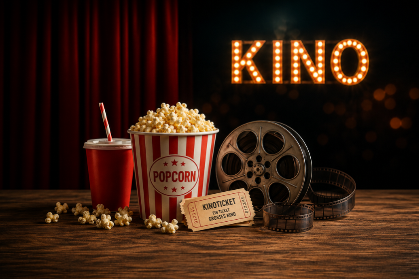 Auf einem Holztisch stehen ein großer rot-weiß gestreifter Popcorn-Eimer, ein roter Getränkebecher mit Strohhalm, Kinotickets und eine Filmrolle. Im Hintergrund leuchtet ein großes „KINO“-Schild vor dunklem Hintergrund und roten Samtvorhängen. Die warme Beleuchtung erzeugt eine gemütliche Kinoatmosphäre und vermittelt das Gefühl eines klassischen Filmabends.